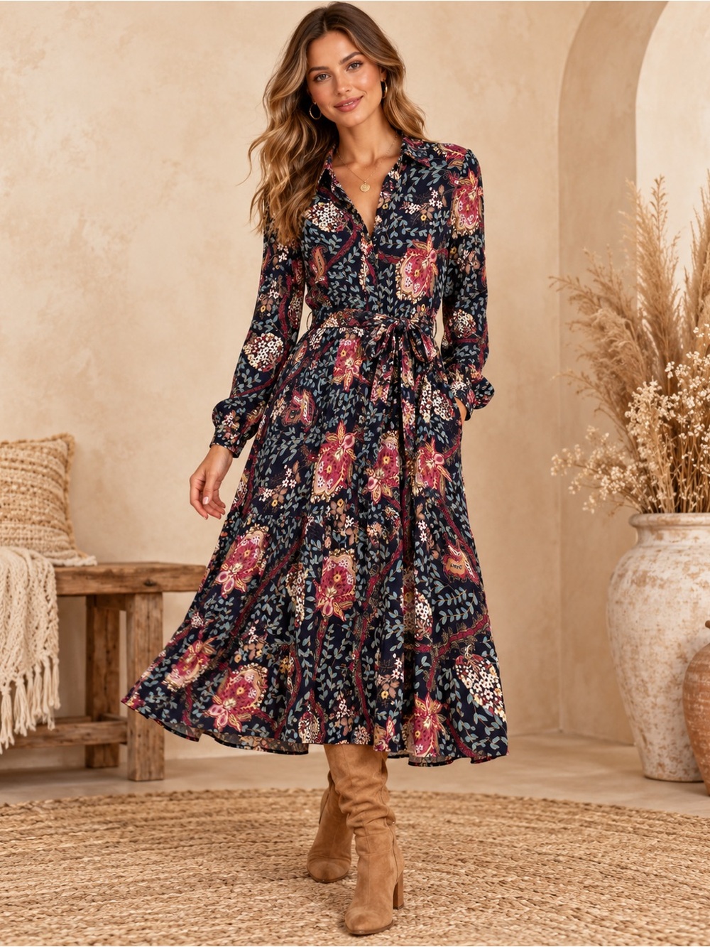 Loft Dark Romantic Whimsical Pocketed Button Shirt Dress